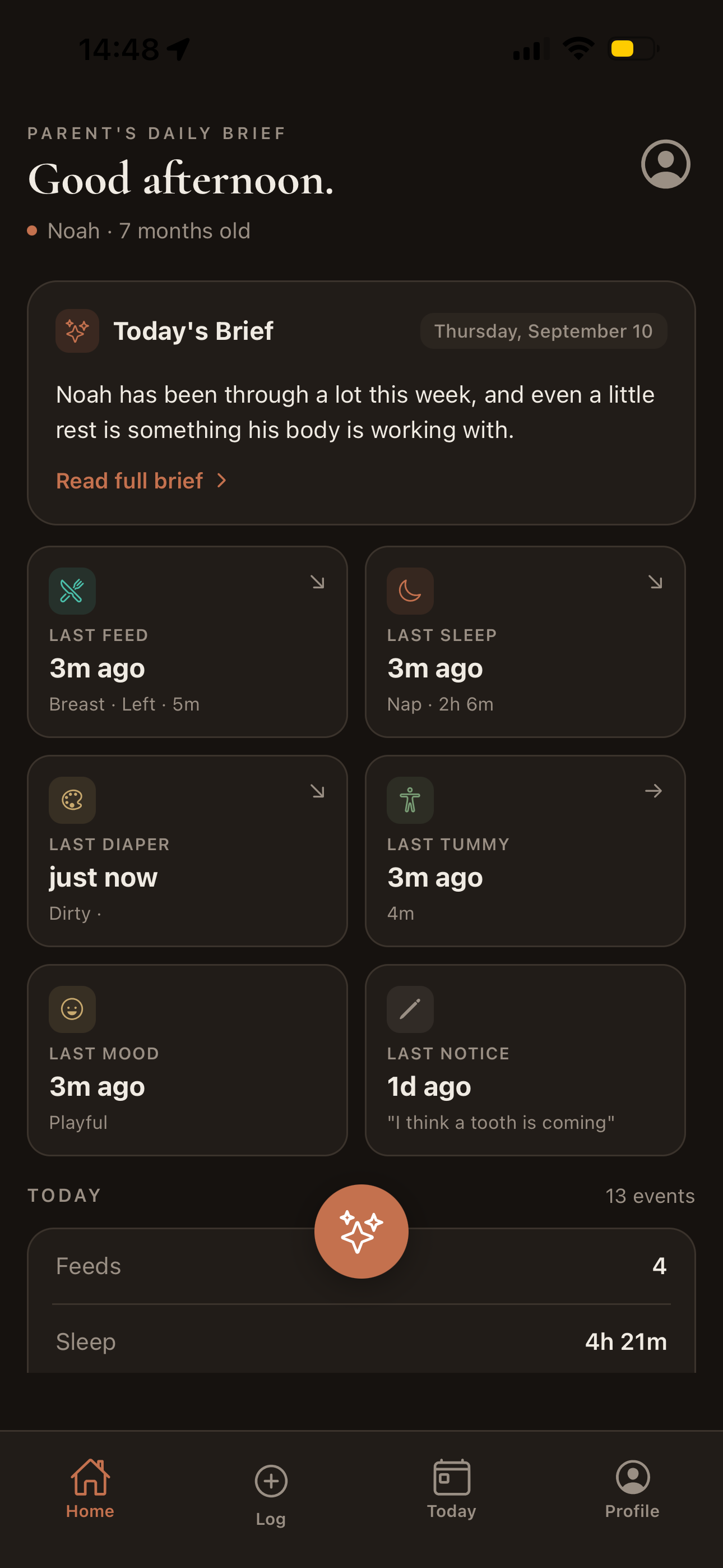 The home screen with the daily brief and quick-glance cards for feeds, sleep, diapers, and more