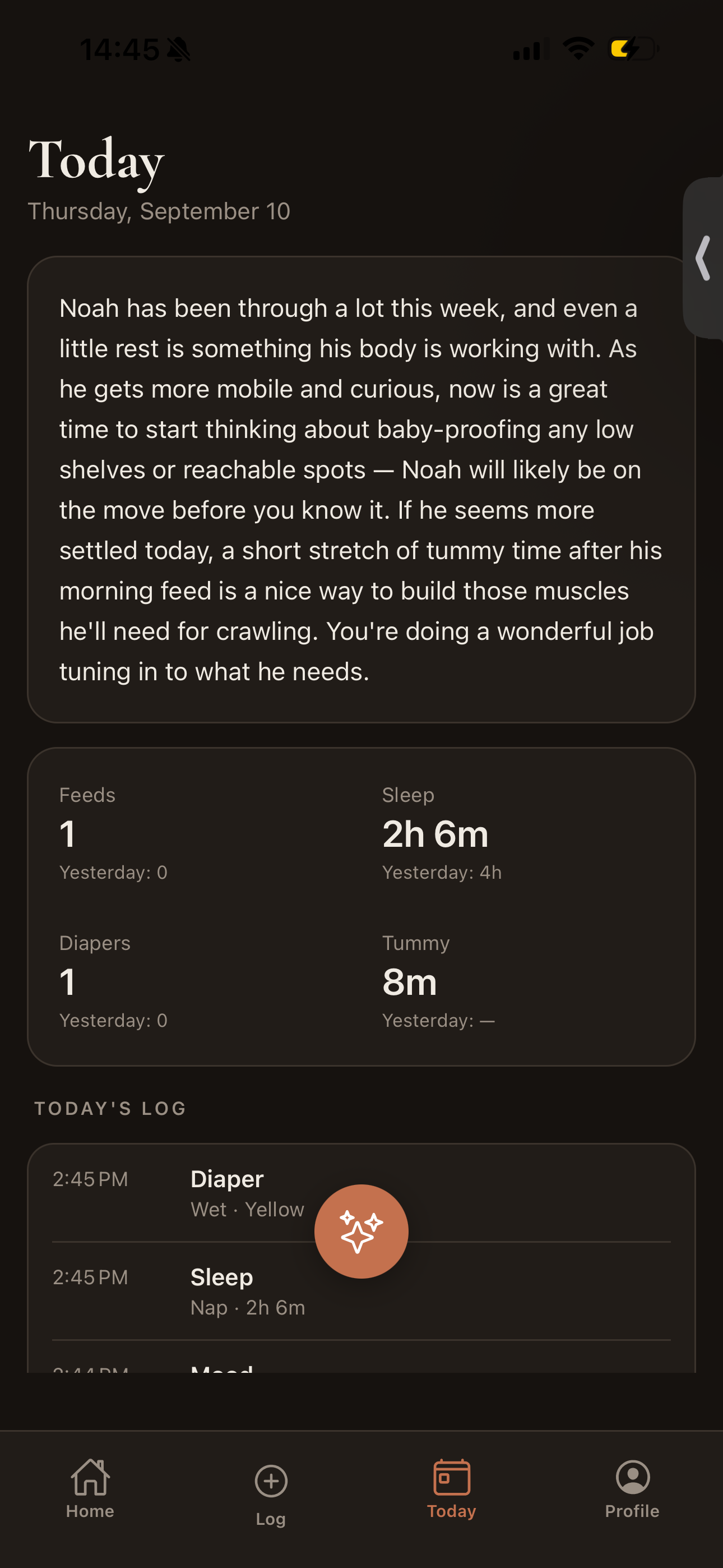 The Today screen: the morning brief, today's totals compared to yesterday, and a timeline